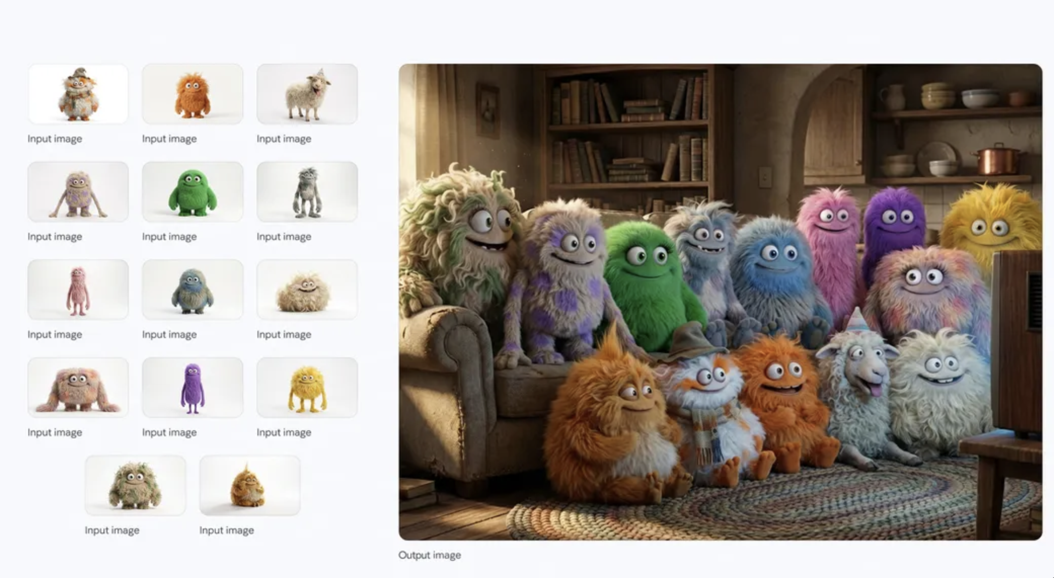 提示词：一个中景镜头	，14个毛茸茸的小家伙并排挤在一张米色旧布艺沙发上和地板上	。它们都面向前方，看着一台老式木盒电视机，电视机放在沙发前的一张矮木桌上。房间光线昏暗	，左侧窗户透进温暖的光线，电视机的光芒照亮了小家伙们的脸庞和毛茸茸的触感。背景是一个温馨略显凌乱的客厅，铺着编织地毯	，书架上摆放着旧书，远处可见一些质朴的厨房元素	。整体氛围温暖	、舒适而又充满趣味。